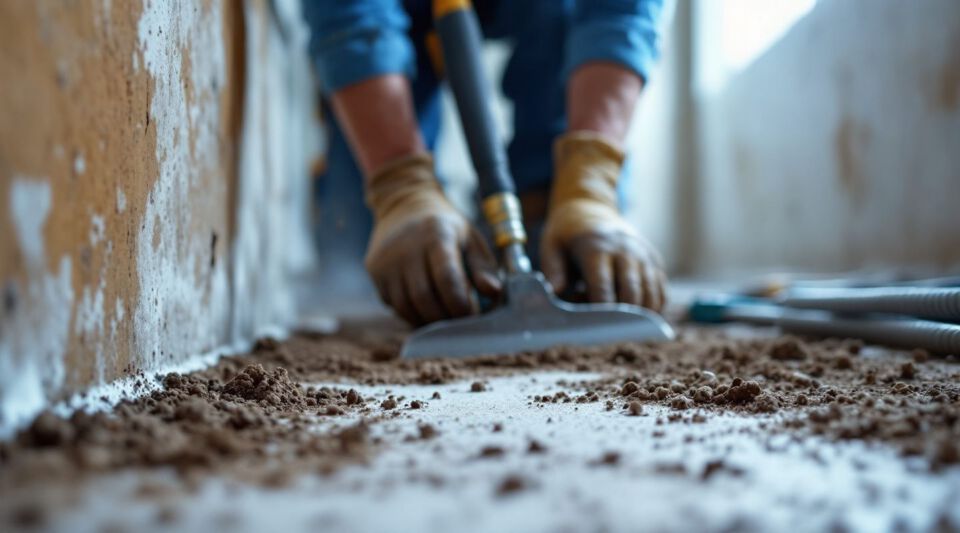 Professional mold remediation technicians inspecting a damp crawl space for mold growth