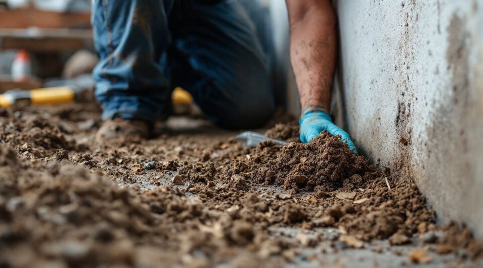 Professional inspecting a dark, damp crawl space for mold growth