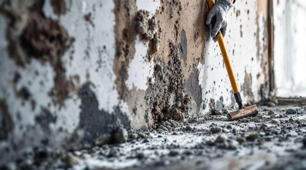 Mold remediation technician inspecting a wall with a moisture meter for hidden mold