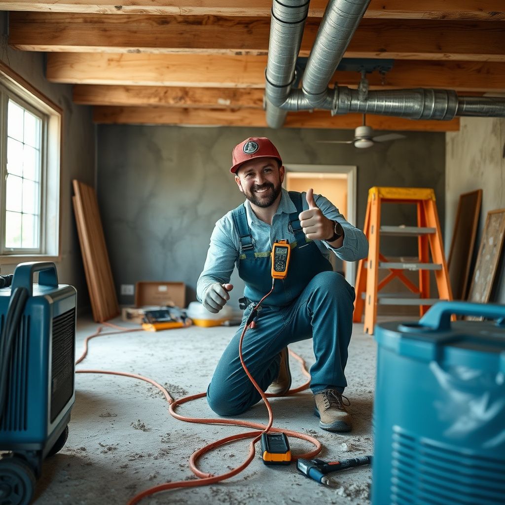 A professional mold remediation technician wearing a respirator and protective suit, sealing off a containment area in a Horseshoe Bay home.