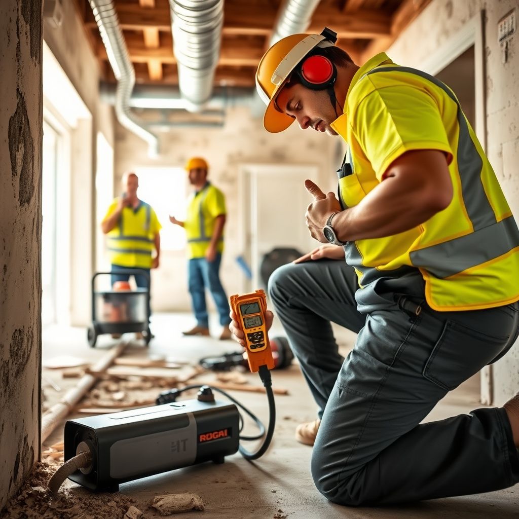 A professional mold remediation technician in full PPE carefully inspecting a ceiling in a Sunrise Beach Village home, using specialized equipment to detect moisture.