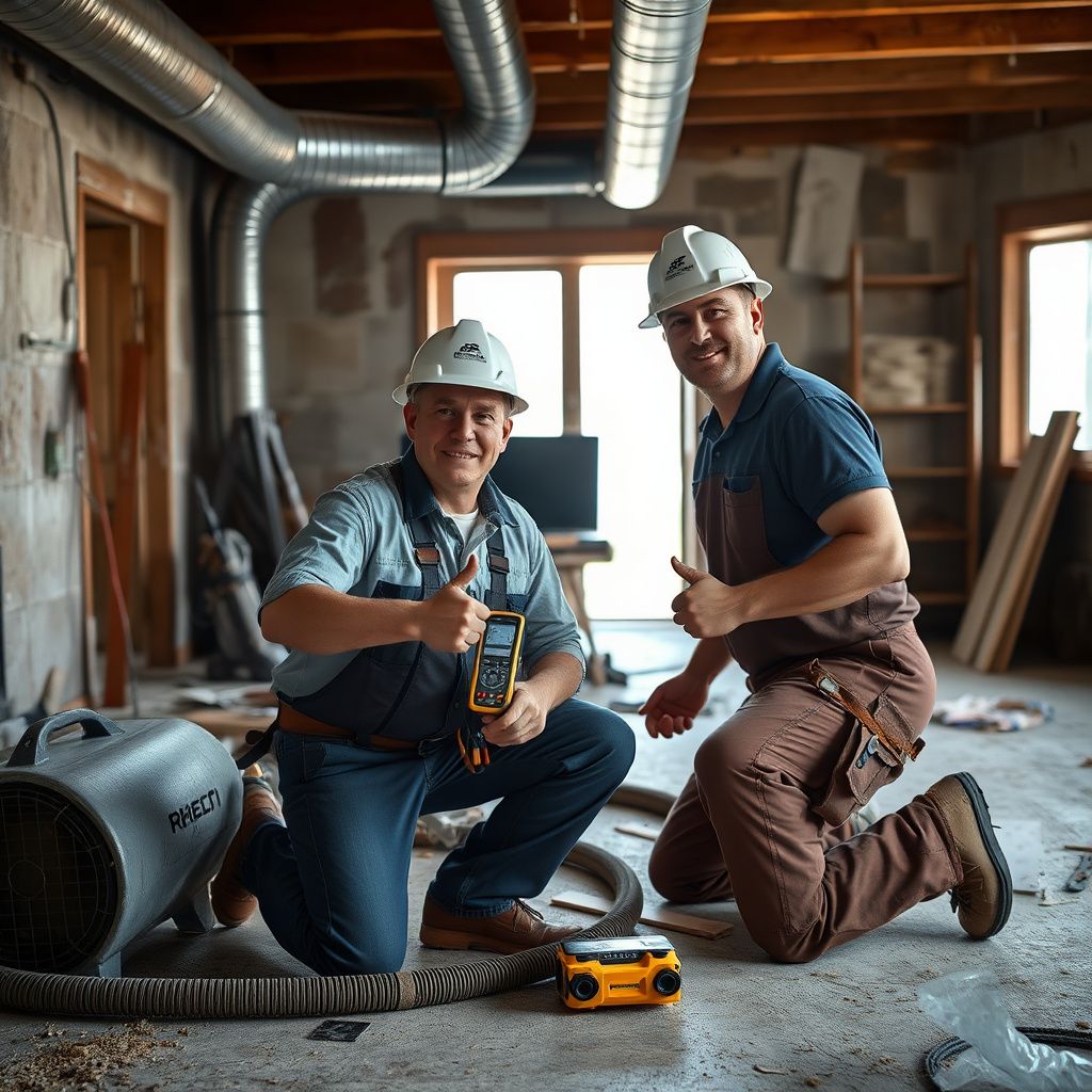 A certified mold remediation technician explaining a moisture reading to a homeowner in a clean, restored Llano living room.