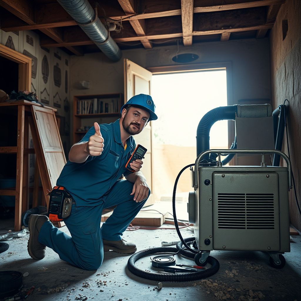 A close-up of a certified mold technician inspecting a damp wall with a moisture meter in a Lampasas home, identifying hidden mold sources.