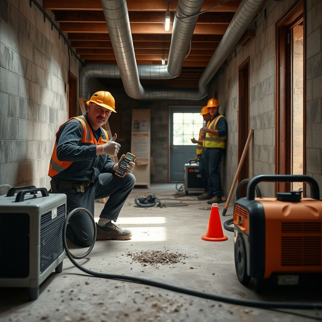 A mold remediation technician in full PPE carefully removing mold-affected drywall in a Granite Shoals home, with containment barriers visible.