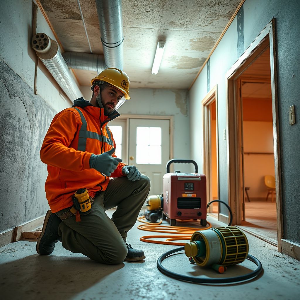 IICRC certified mold remediation technician in full protective gear meticulously cleaning a wall in a Highland Haven home.